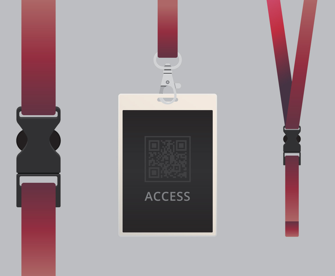 VIP Pass ID card Template. Realistic Blank Vertical ID with purple ribbon. Mockup.