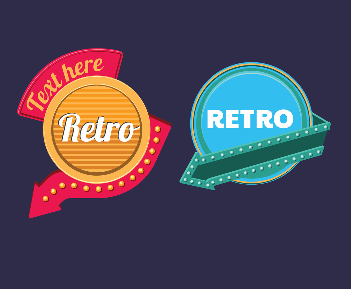 Circle Vintage or Retro Signs with neon Arrow