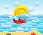 Beach Papercraft With Paperboat Vector