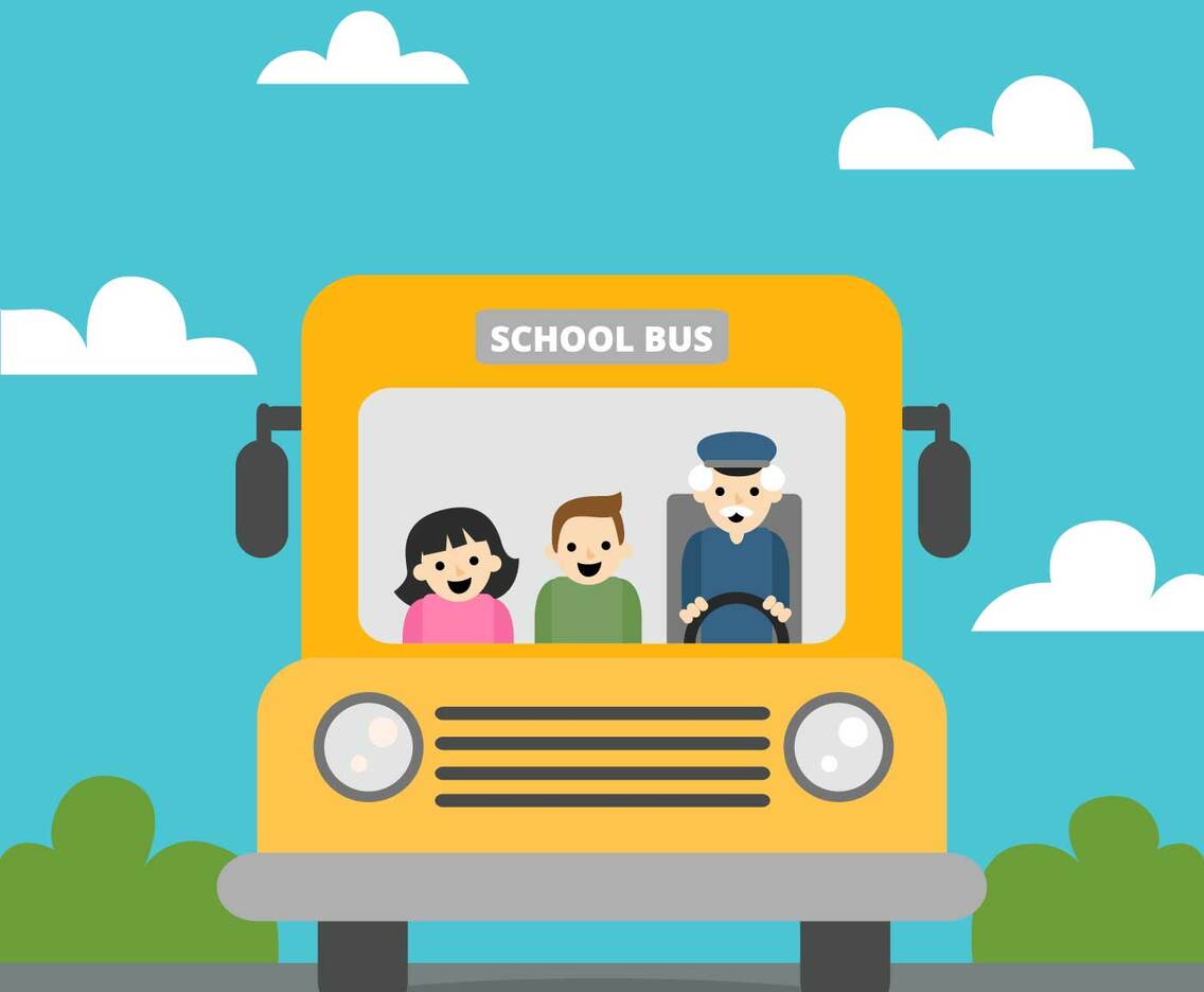 Cute School Bus With Nature Scene With Children And Old Man Inside To Back To School