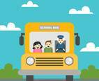 Cute School Bus With Nature Scene With Children And Old Man Inside To Back To School