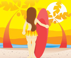 Beach Bum and Girl with Surfing Board, Beach and Sunset Illustration
