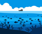 Fish in Deep Sea Under the Fishing Boat Illustration