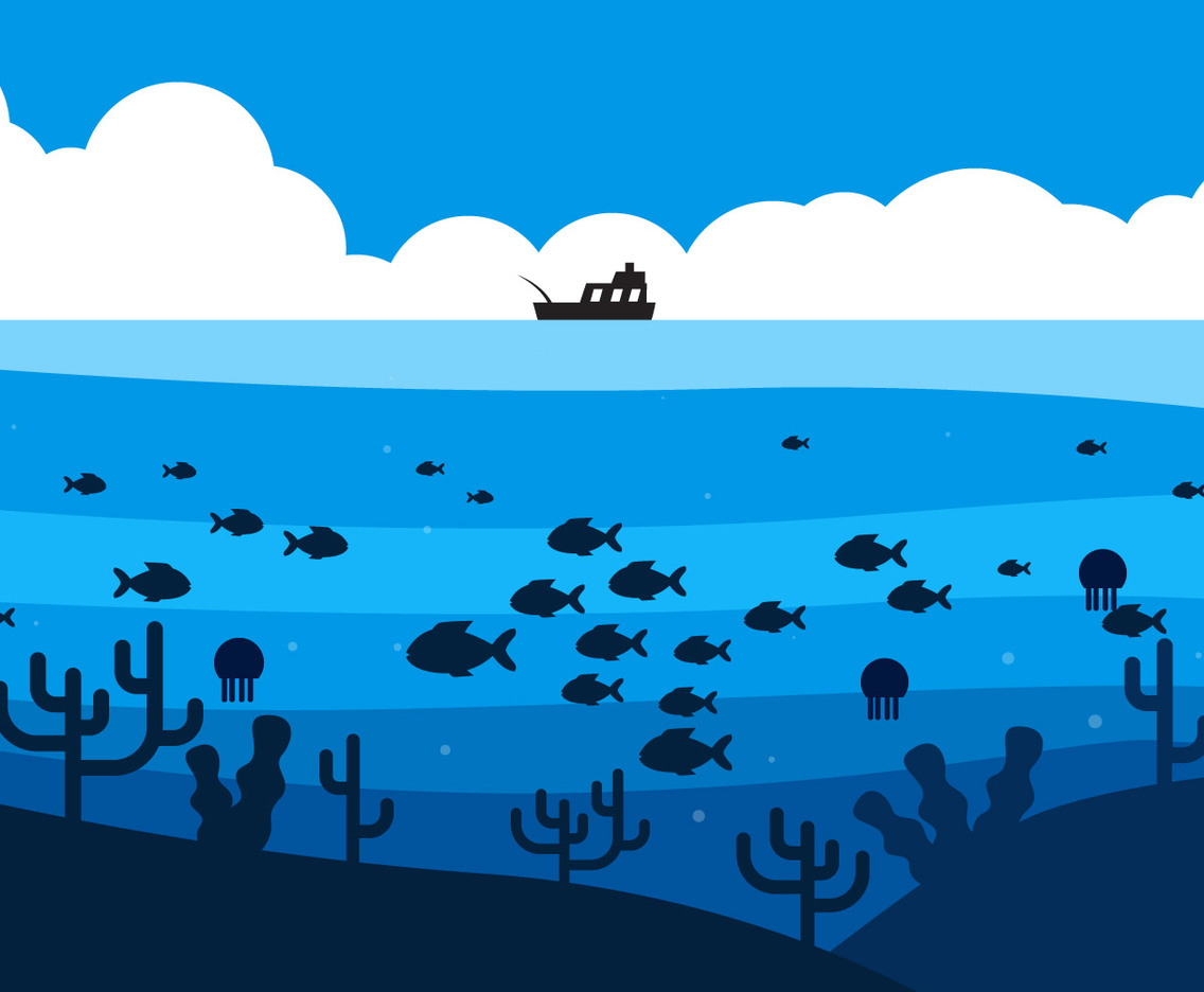 Fish in Deep Sea Under the Fishing Boat Illustration