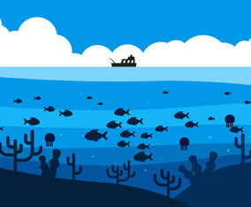 Fish in Deep Sea Under the Fishing Boat Illustration