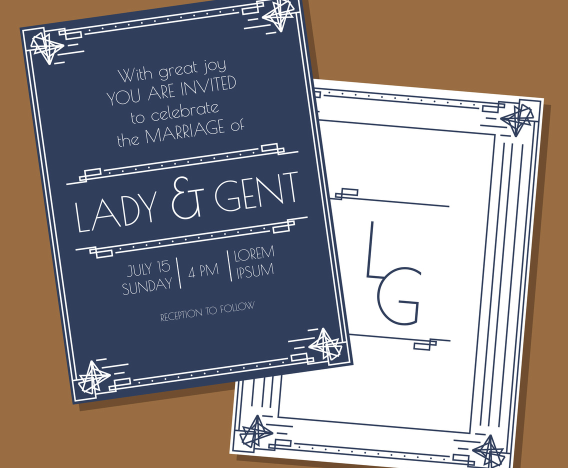 Blue Art Deco Wedding Invitation Vector