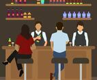 Flat Crowded Bar Scene Vector Illustration