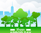 Arbor Day Illustration With Forest And City Over Cloud Background