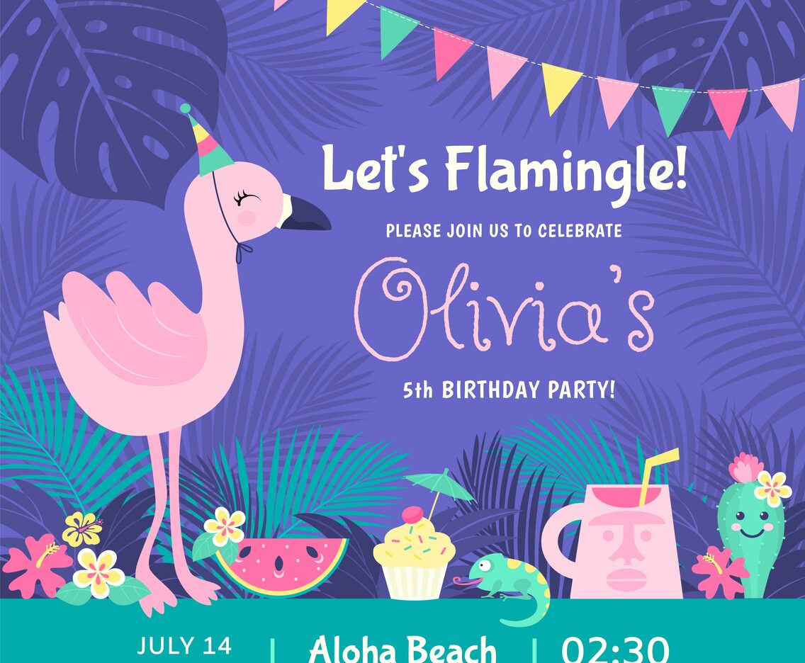 Let’s Flamingle Polynesian Birthday Party Vector Invitation Card