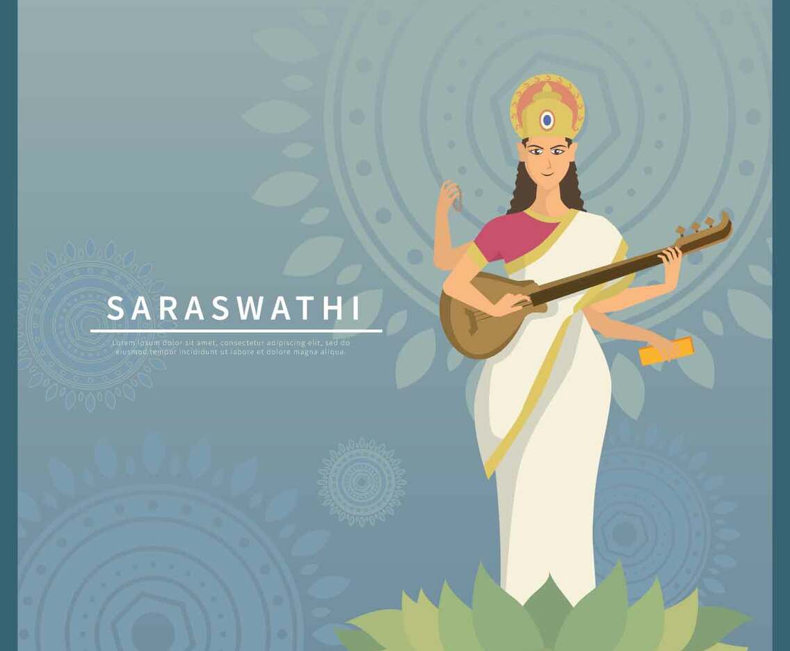 Goddess Saraswati With Blue Background Illustration