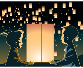 Kids Couple with Sky Lantern Vector