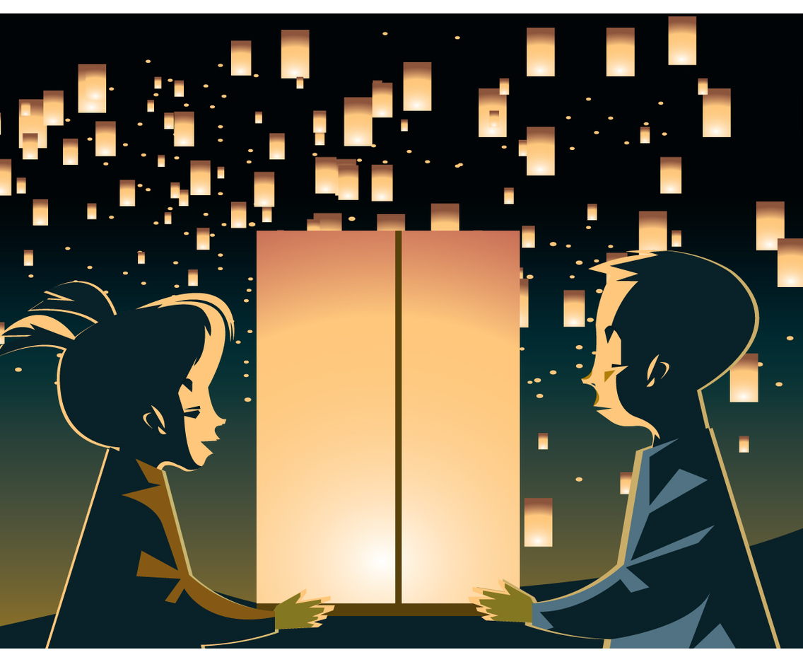 Kids Couple with Sky Lantern Vector