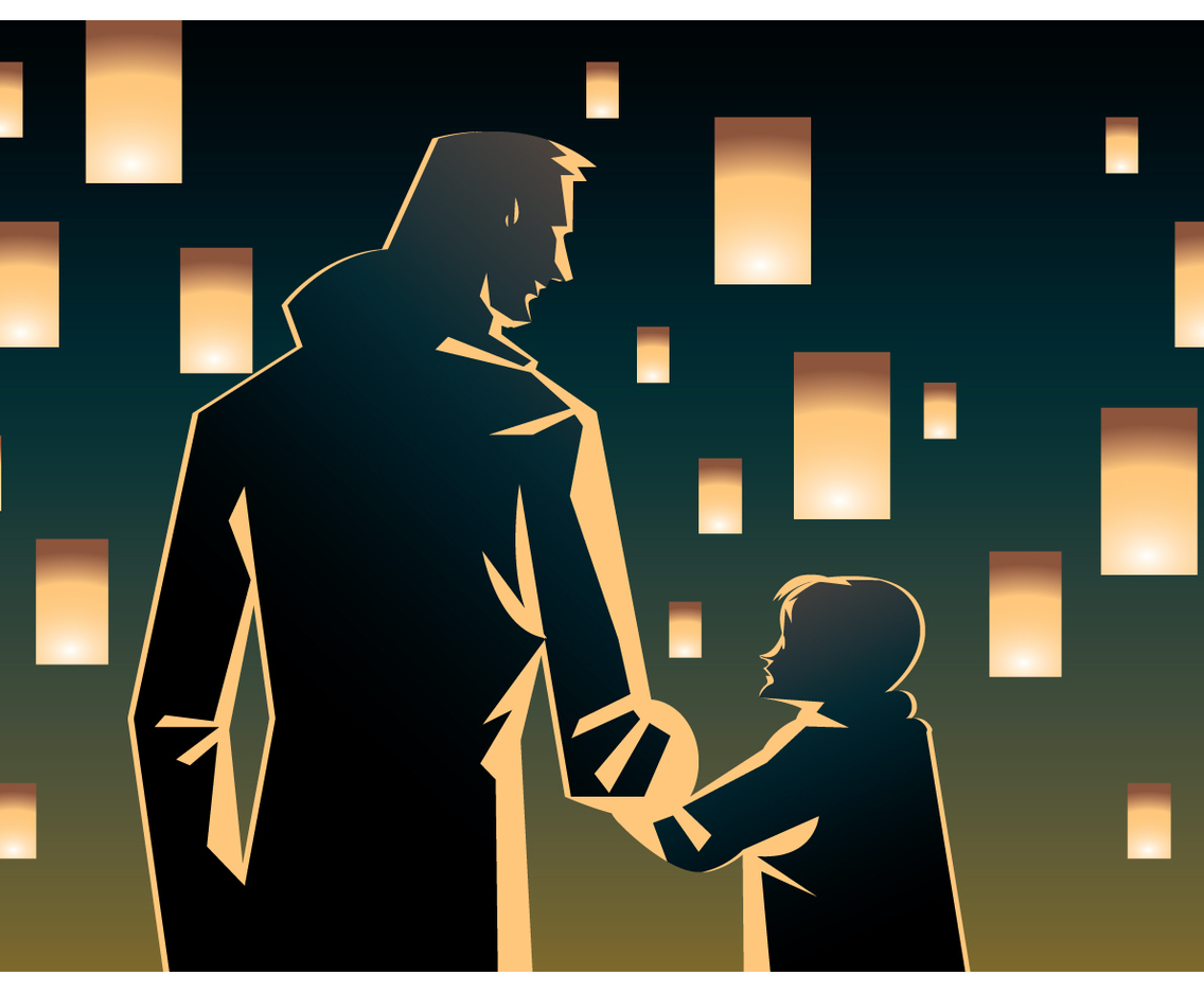Dad And Little Girl at Sky Lantern Festival Vector