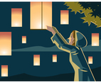 A Girl at Sky Lantern Festival Vector