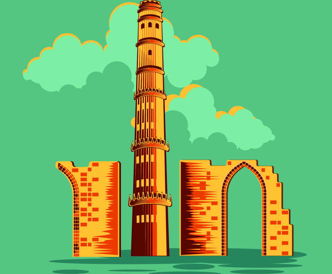 Vector illustration of Qutub Minar in Delhi with Vintage or Retro Style