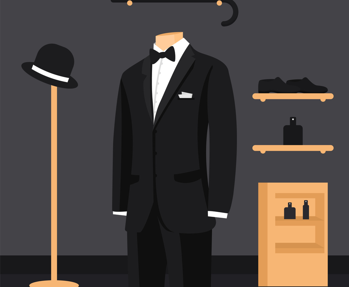 Black Suit And White Shirt With Butterfly And Tie On Mannequins