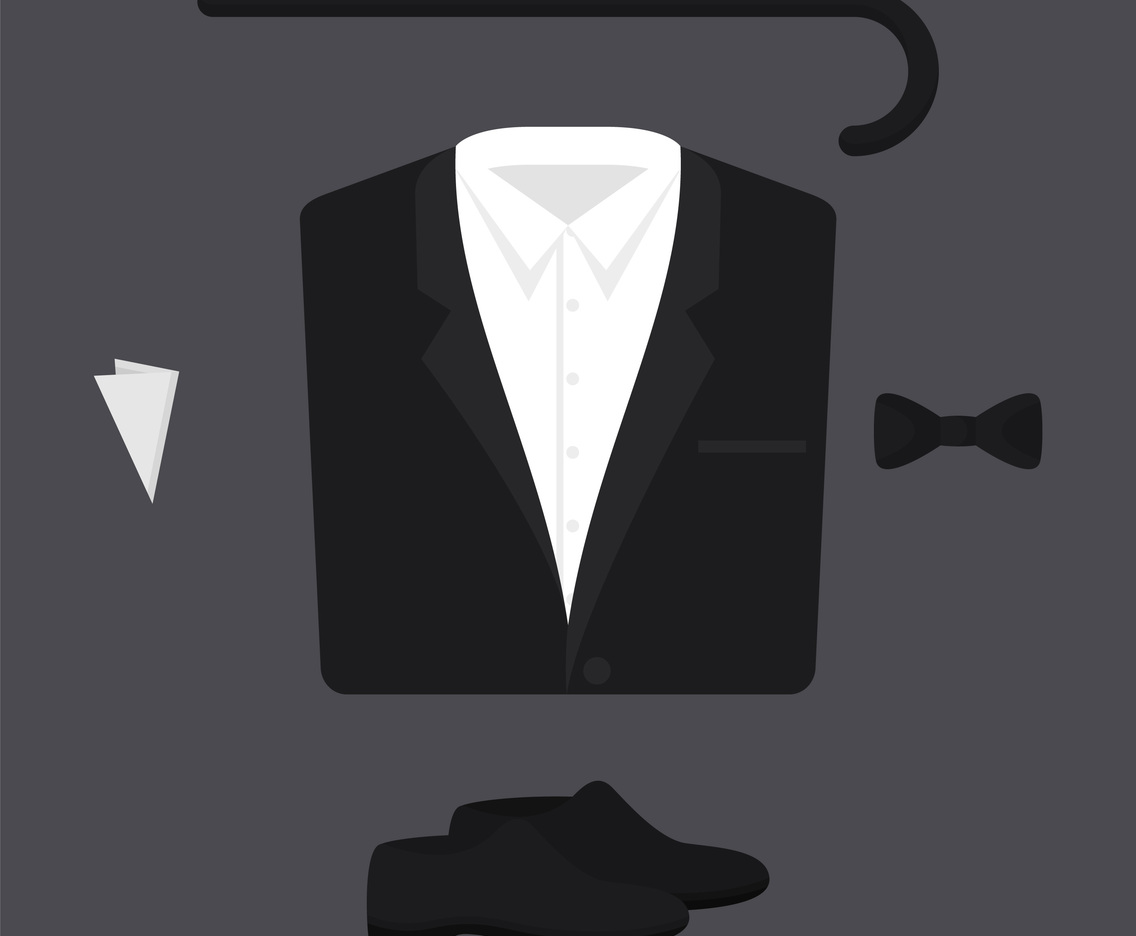Set Of Walking Stick, Tuxedo, Shoes, Tie