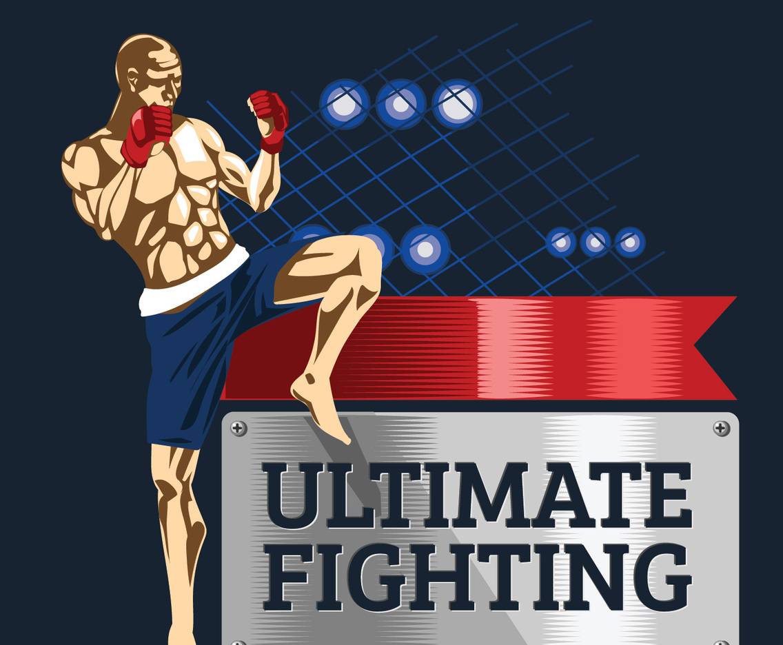 Powerful aggressive boxer is showing his muscles on Ultimate Fighting