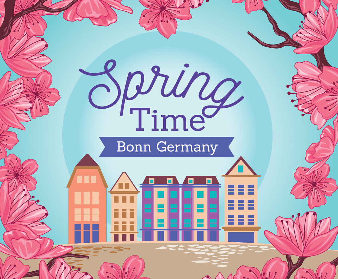 Cherry Blossom in the Old Town of Bonn at Spring Bright Day