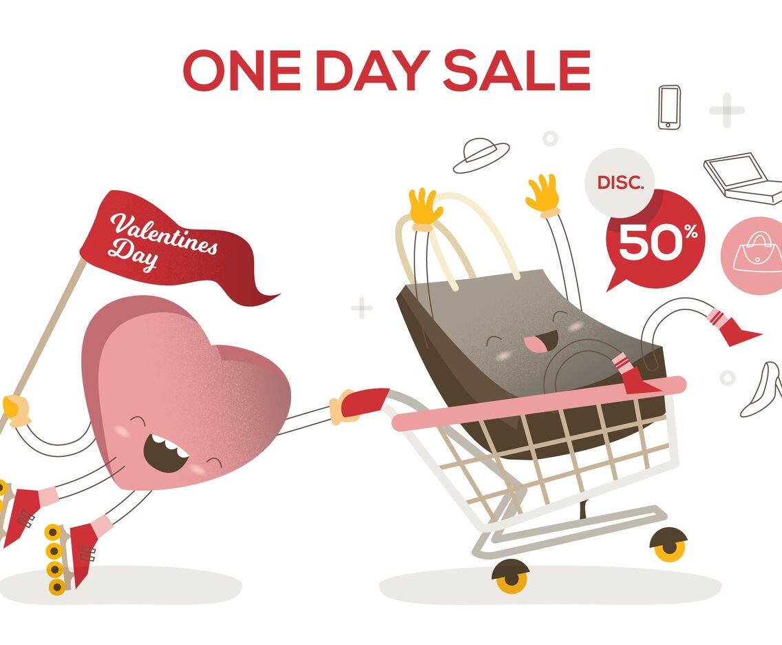 Valentines Day Sale Cart Funny Character Vector Illustration