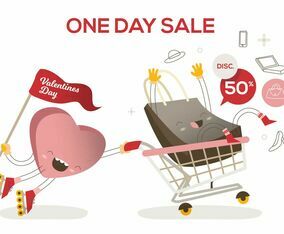 Valentines Day Sale Cart Funny Character Vector Illustration