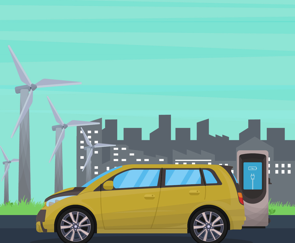 Electric Car With Industrial Background Vector Illustration