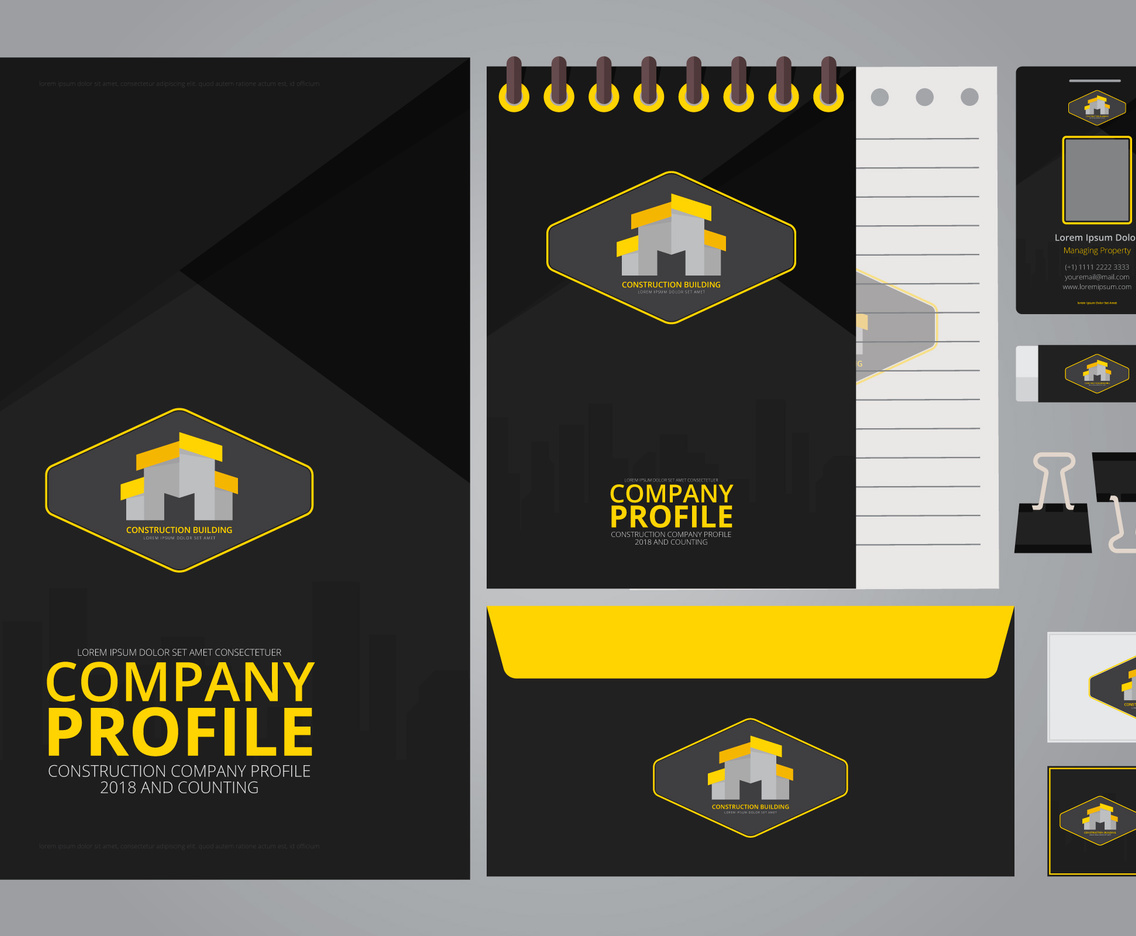 Construction Logos in Stationery Set Media. Construction Company Profile Template.