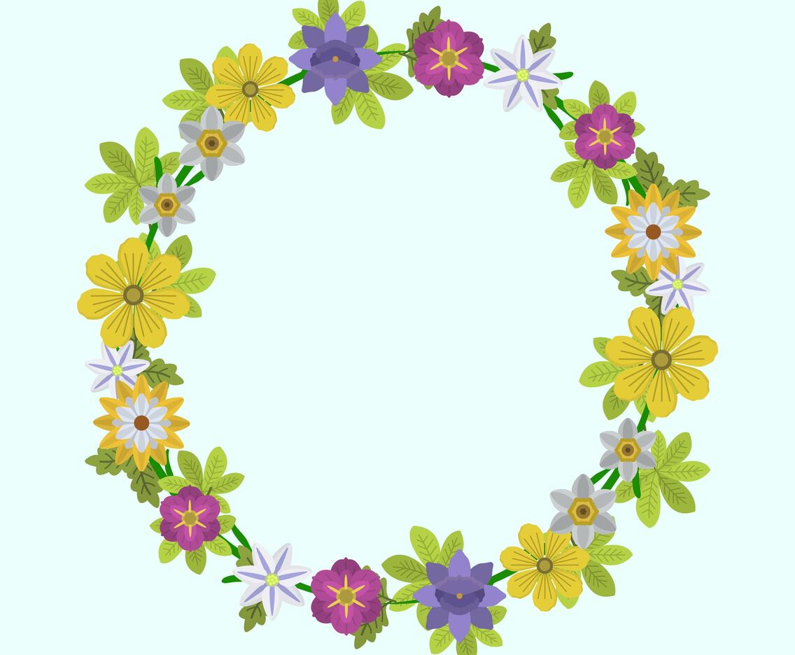 Flat  Spring flower and leaf Wreath Vector Illustration