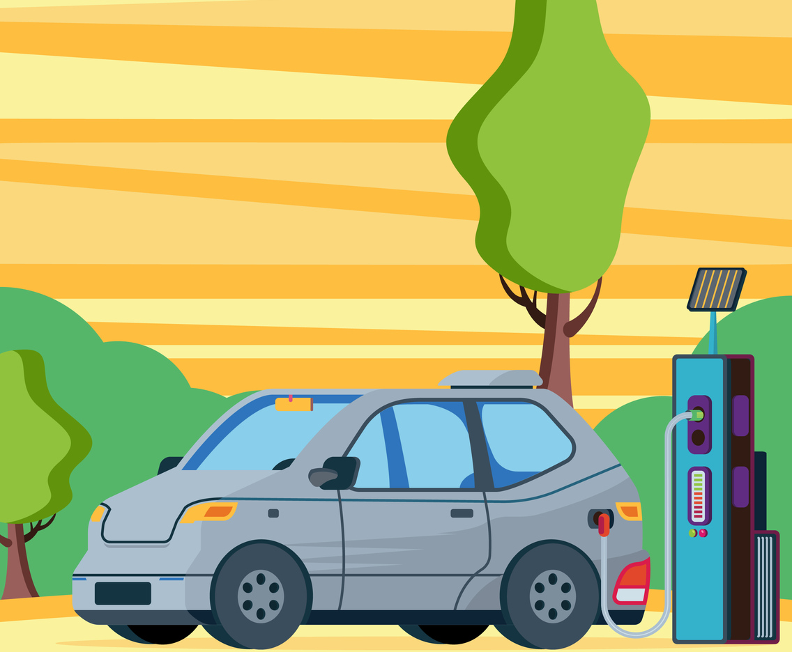 Electric Car Charging Outside At Refuelling Power Station Illustration