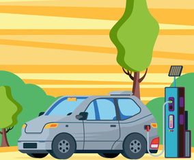 Electric Car Charging Outside At Refuelling Power Station Illustration