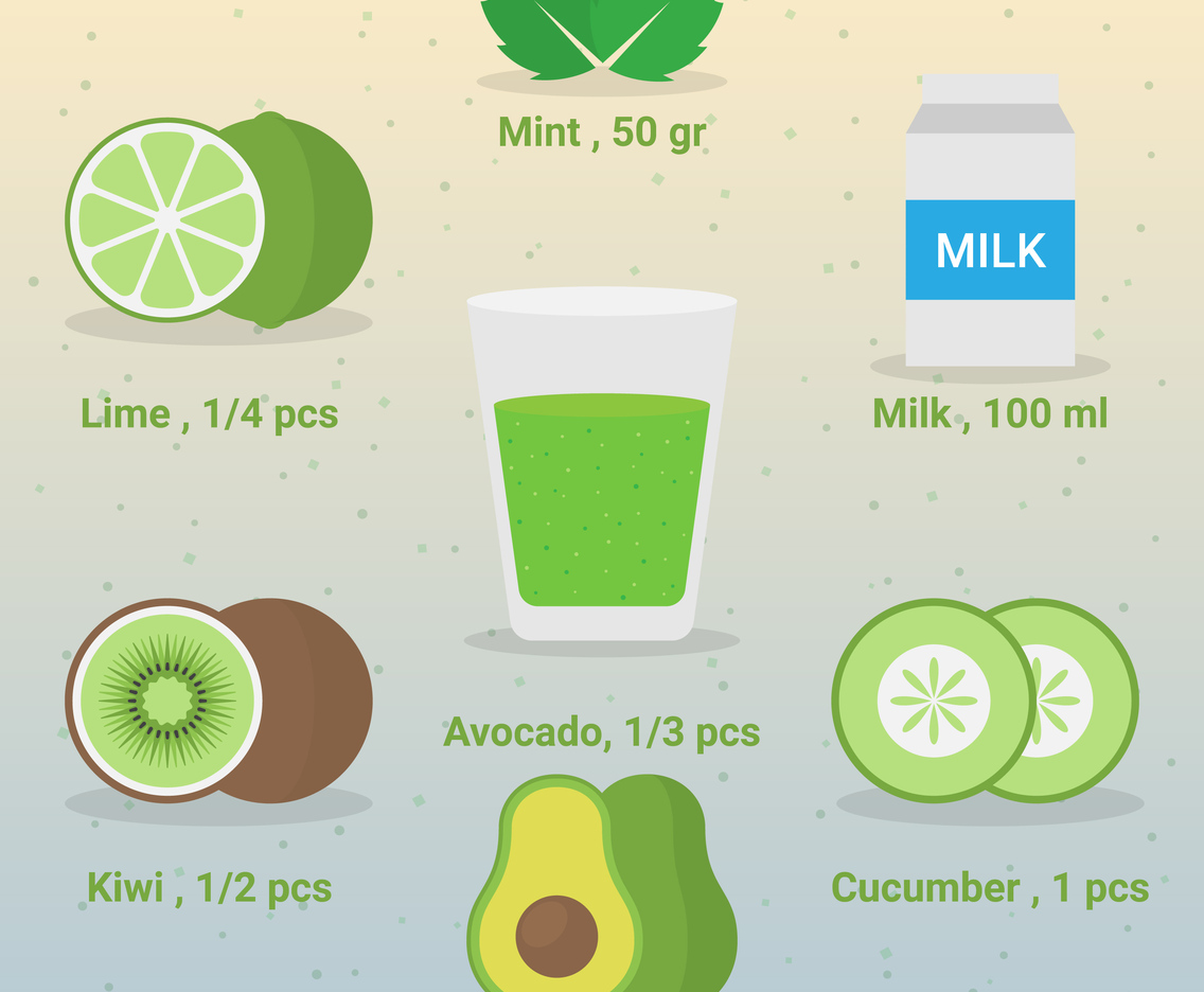 Healthy Natural Food Green Smoothie In Glass Side View Illustration