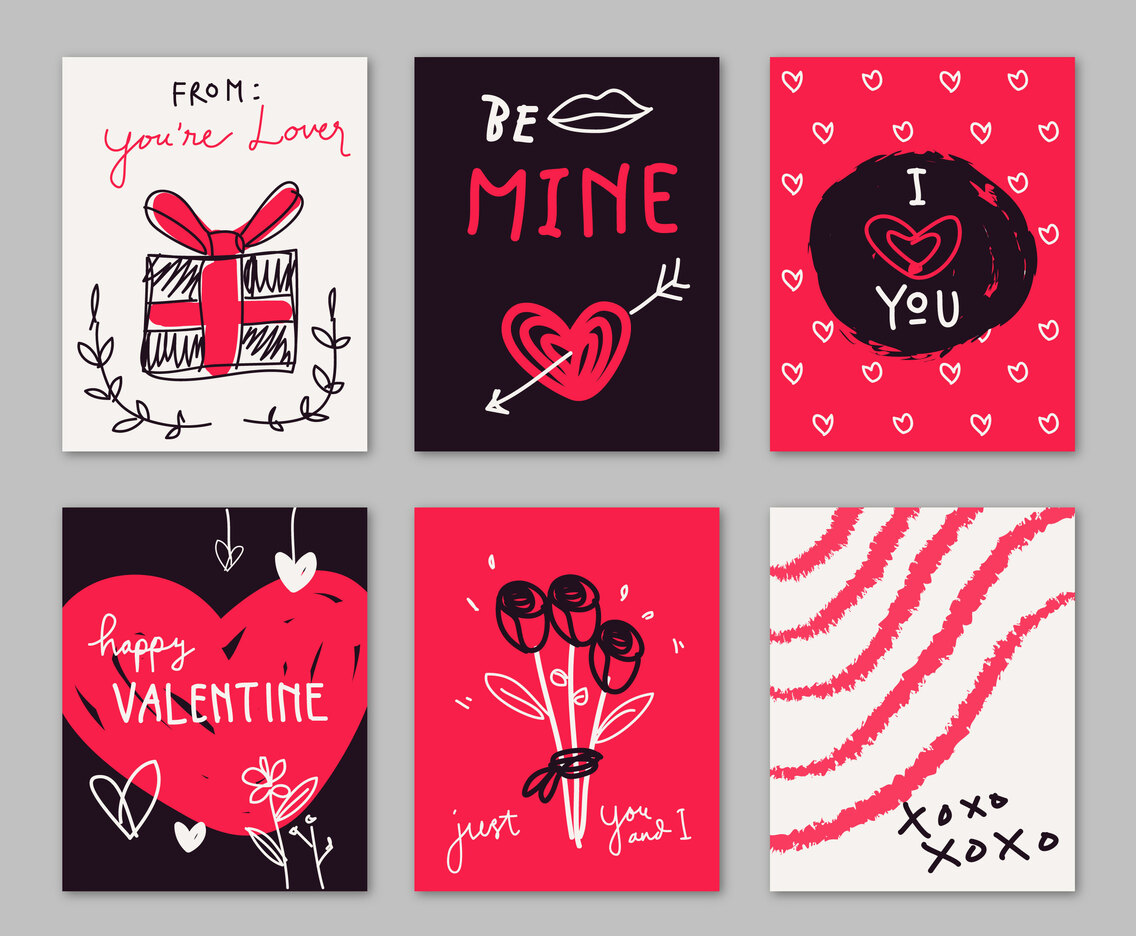 Red and Black Valentine Card Doodle Hand Drawn Collection