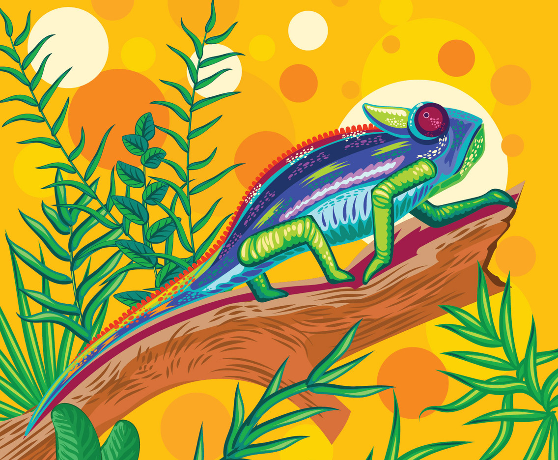 Close-up of a beautiful chameleon in the green forest background