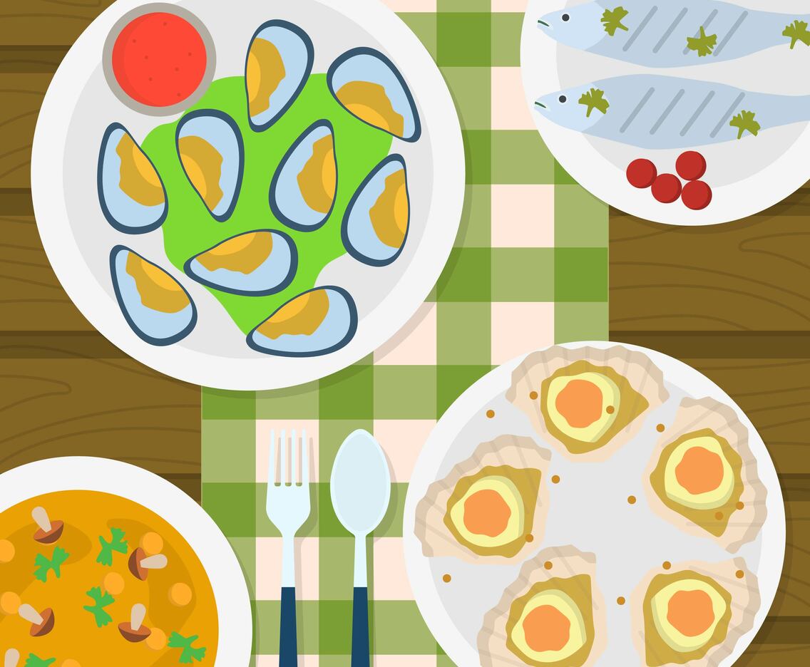 Flat Top View Scallops and seafood cuisine Vector Illustration