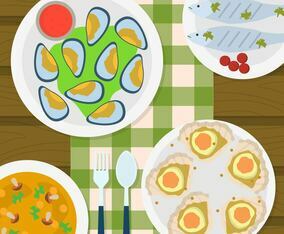 Flat Top View Scallops and seafood cuisine Vector Illustration