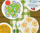 Flat Top View Scallops and seafood cuisine Vector Illustration