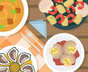 Flat Top View Scallops and seafood cuisine Vector Illustration