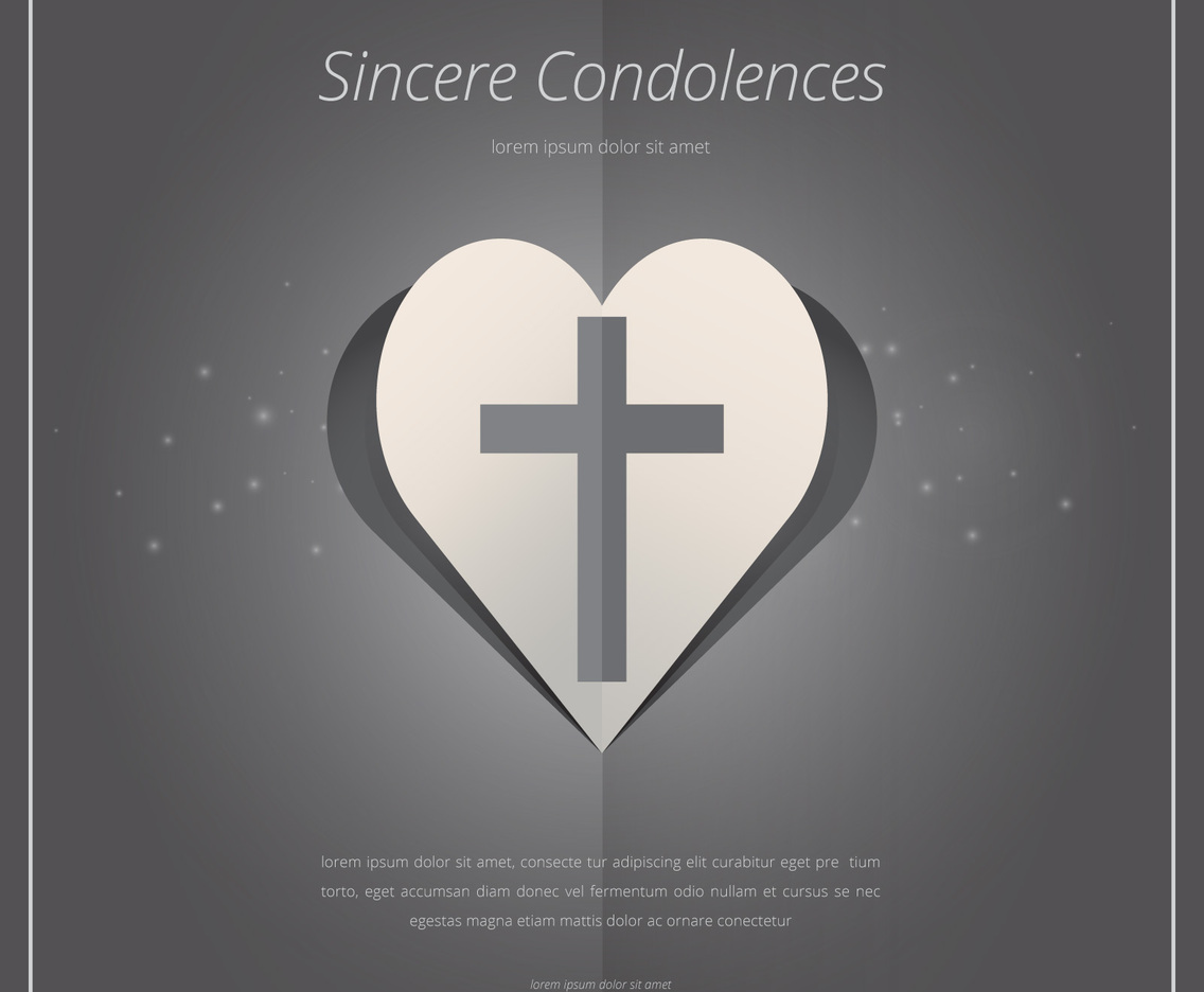 Elegant Funeral Card with Cross Icon and Heart Shapes.