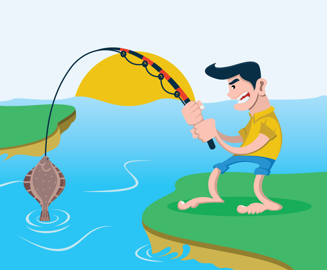 Man Fishing for a Flounder Fish Vector