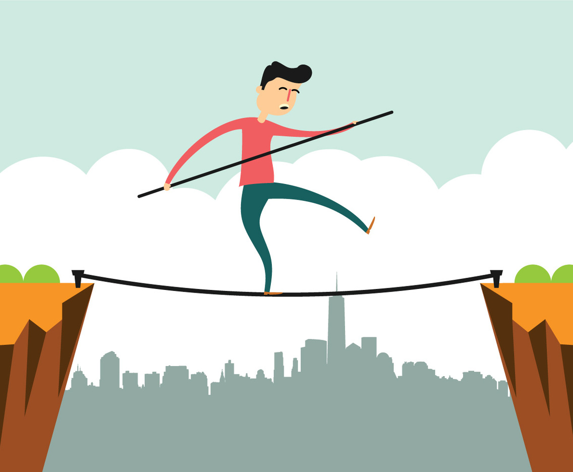 Tightrope Walker Over City Buildings