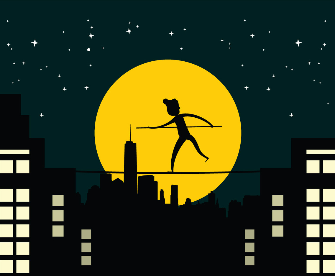 Tightrope Walker Over City Buildings At Night
