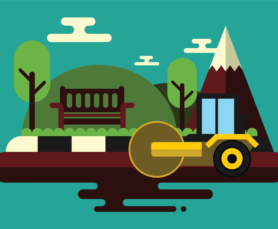 Workers Drive Steamroller On New Road