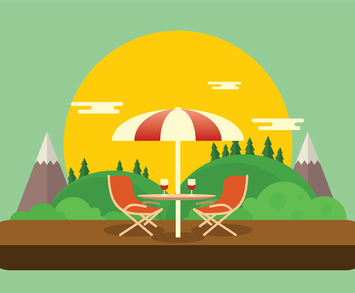 Romantic Lawn Chair Set Up with Wine Glasses Vector