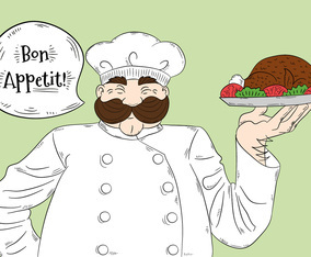 Cute Big Chef Character with Bon Appétit Lettering Vector