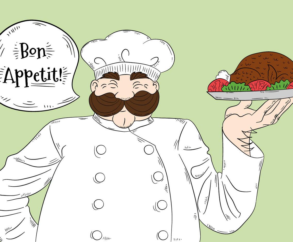 Cute Big Chef Character with Bon Appétit Lettering Vector