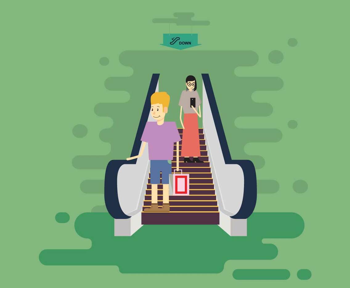 Free Down Escalators With Man And Woman Illustration