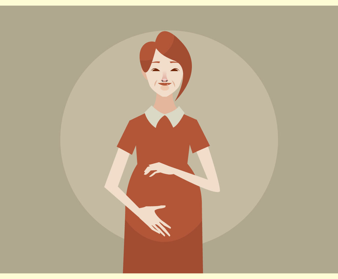 Young Pregnant Woman With Red Hair And Red Dress Vector