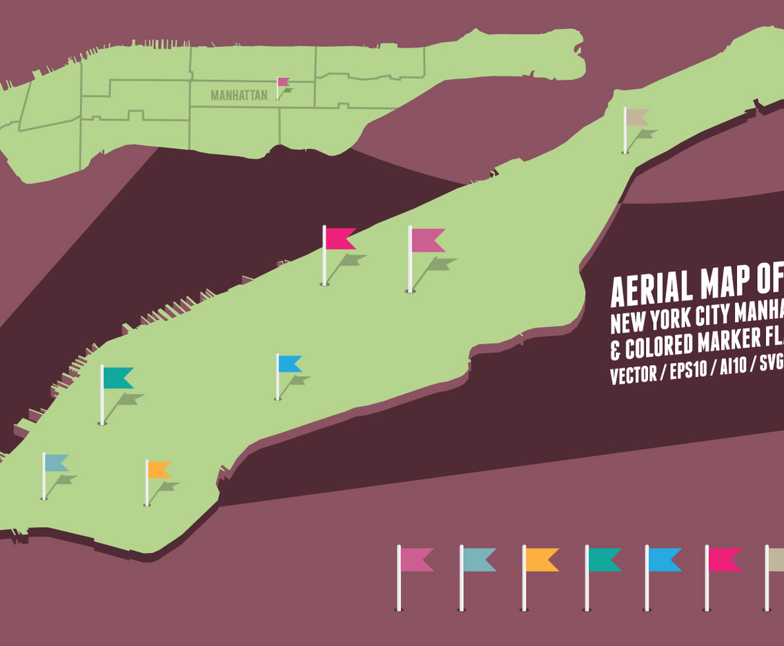Aerial Map of New York City Manhattan colored marker flags