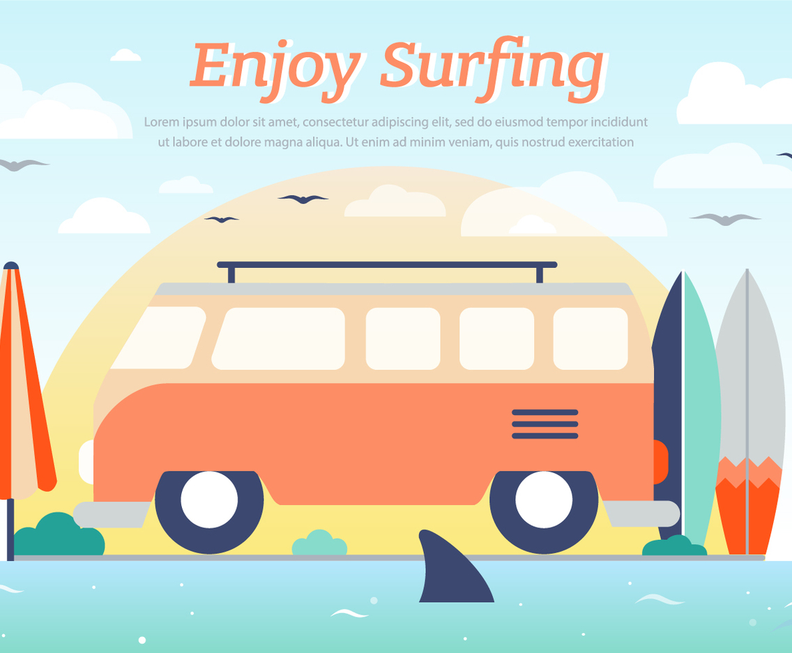 Hippie Bus Surfing Vector Background