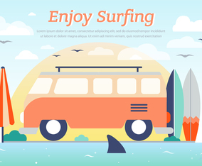 Hippie Bus Surfing Vector Background
